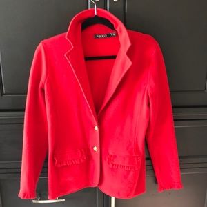 Ralph Lauren red sweater blazer with gold tone buttons.